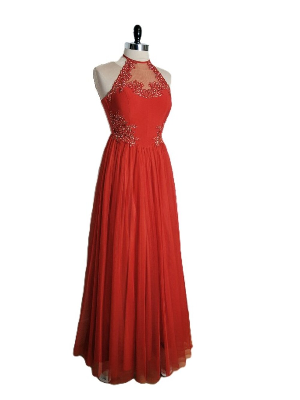 Elegant Sz 6 Laura Red Maxi Evening Gown Beaded Illusion Bodice Prom Dress Tulle